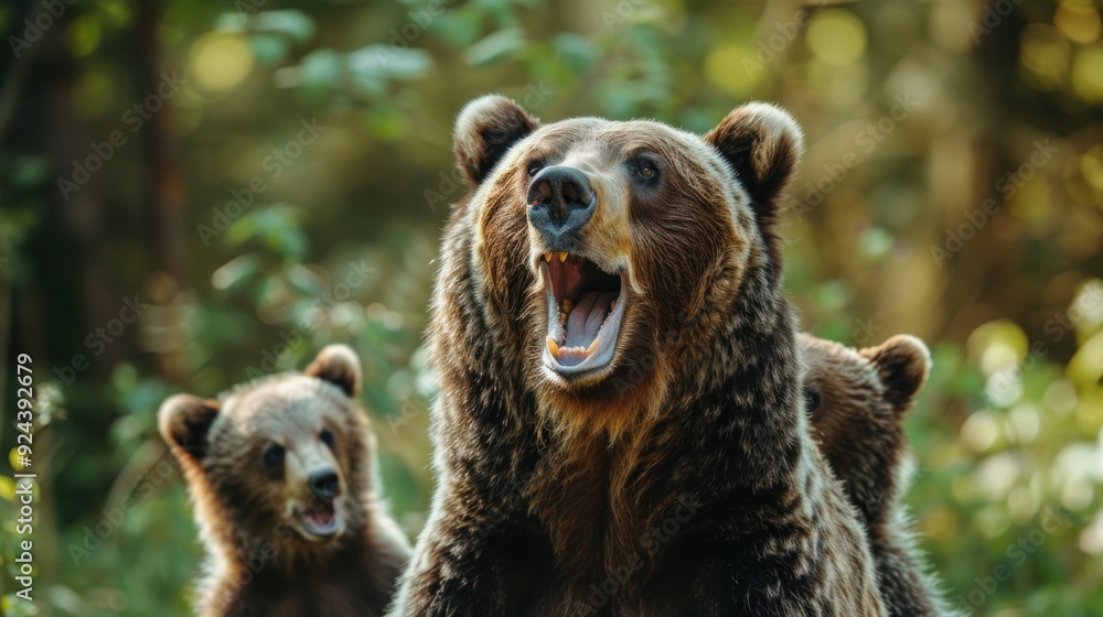 Close up portrait of a brown bear with its mouth open, showing its teeth and tongue. Close up portrait of a brown bear with its mouth open, showing its teeth and tongue.