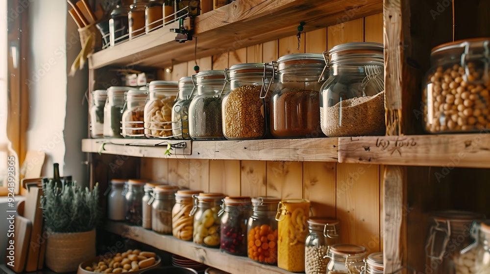 A well organized food cupboard in a charming cottage style residence