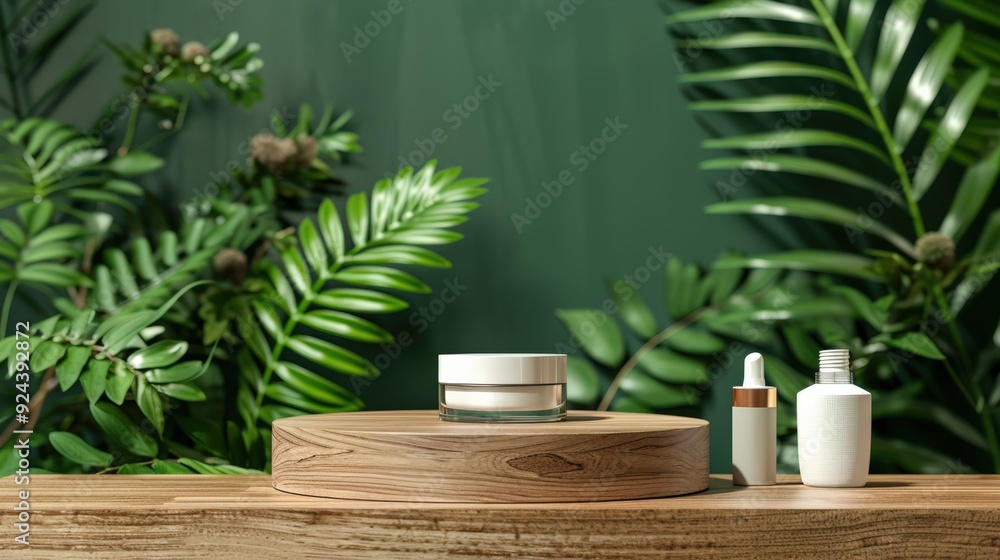 A table with a round wooden base and three bottles of makeup on it A table with a round wooden base and three bottles of makeup on it