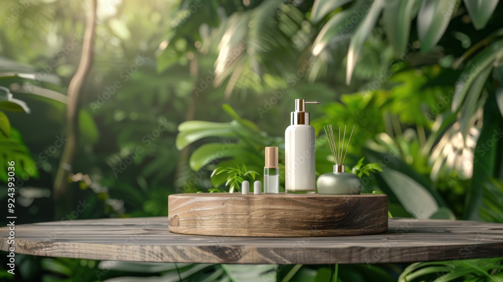 A table with a wooden base and a few bottles of lotion and perfume A table with a wooden base and a few bottles of lotion and perfume
