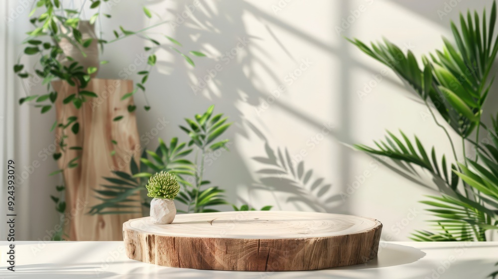 A wooden log is placed on a table in front of a window A wooden log is placed on a table in front of a window