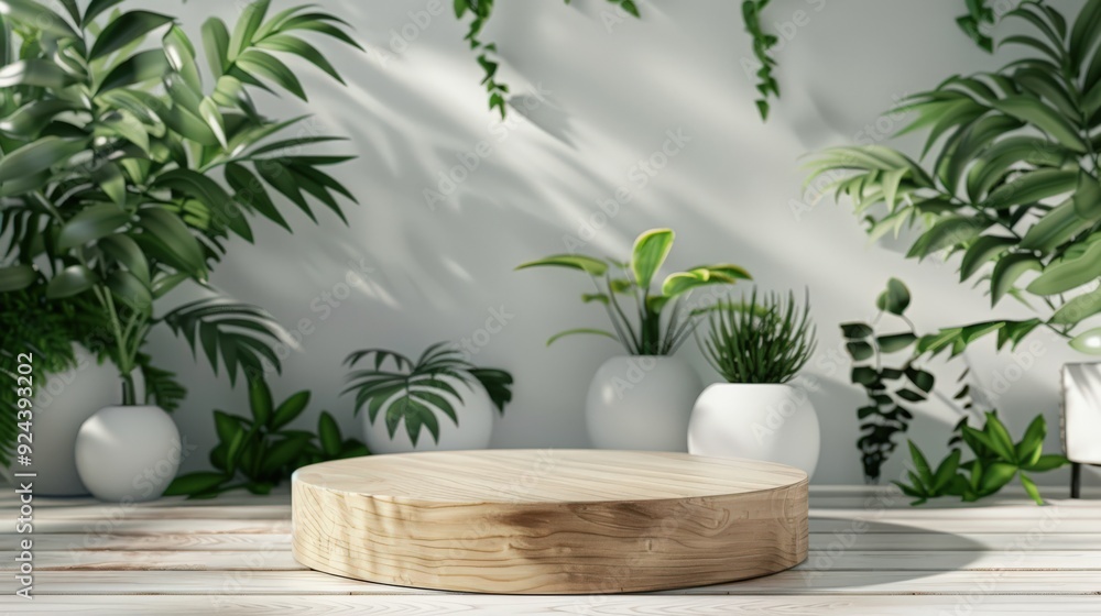 A wooden round table with potted plants in the background A wooden round table with potted plants in the background