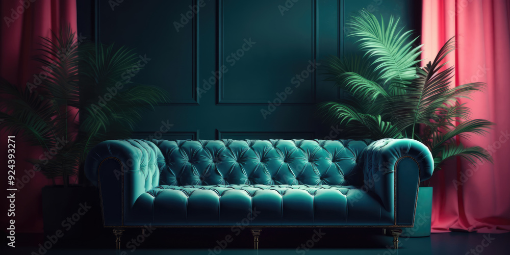 Obraz premium Living Room Modern Classic Minimalist Interior with Green Velvet Sofa and Tropical Plant on Dark Green Wall Background