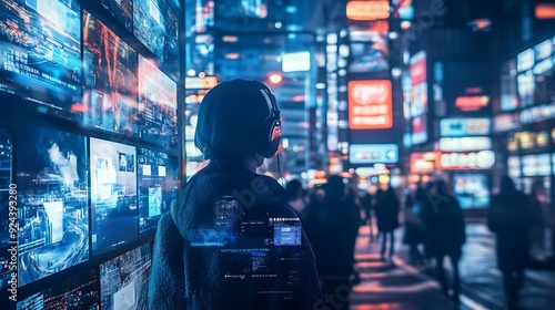 A Woman in Headphones Amidst City Lights