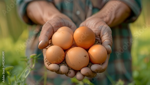 A farmer proudly presents freshly harvested eggs, cradled in weathered hands, symbolizing a deep connection to the earth and the fruits of diligent labor in a serene setting. photo