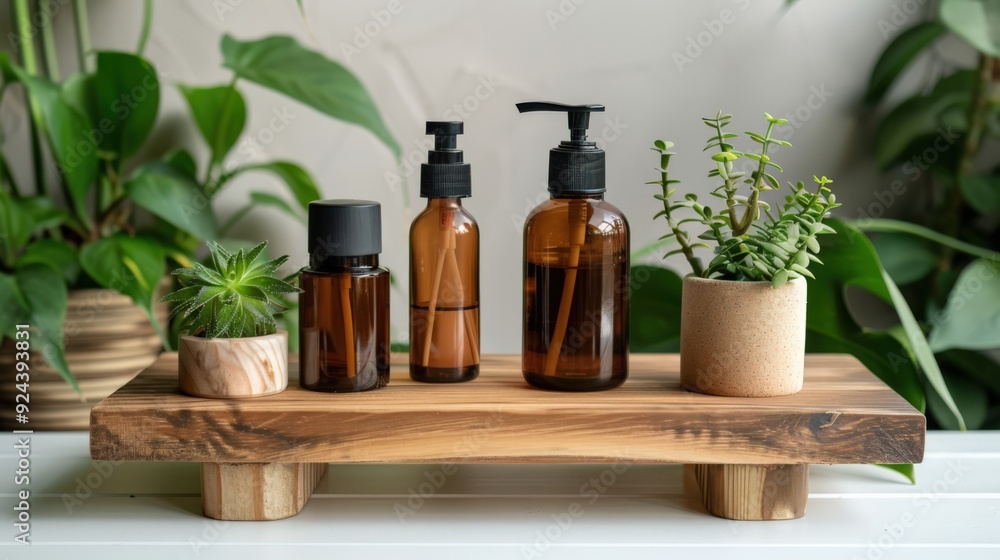 A wooden tray with four bottles of lotion and a bottle of perfume A wooden tray with four bottles of lotion and a bottle of perfume