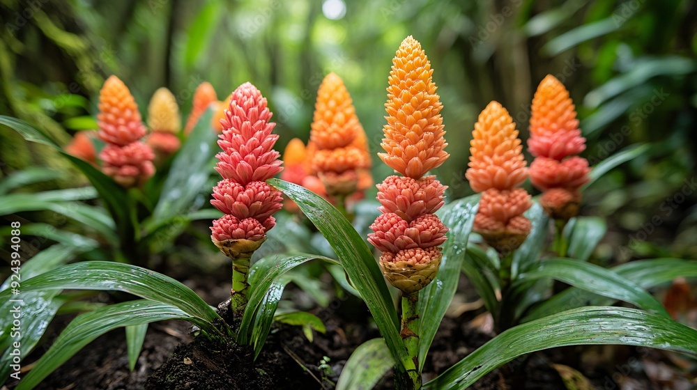Vibrant Flowering Ginger Plants in a Lush Tropical Garden Vibrant Flowering Ginger Plants in a Lush Tropical Garden
