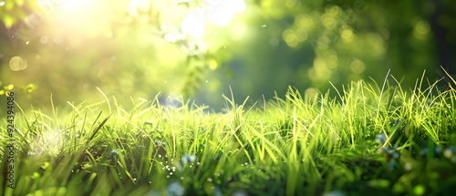 Lush green grass blades illuminated by sunlight, creating a vibrant and natural background.