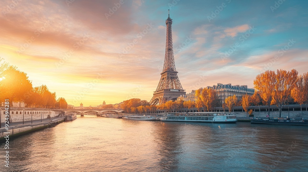 Fototapeta premium Eiffel Tower at Sunrise with the Seine River in Paris