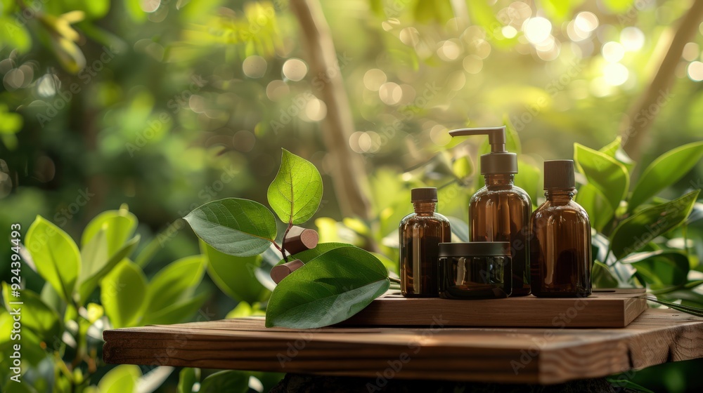 A wooden table with a few bottles of perfume and a leafy green plant A wooden table with a few bottles of perfume and a leafy green plant