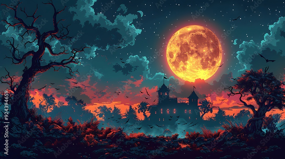 A spooky, abandoned mansion on a hill, surrounded by twisted, eerie trees, with bats circling and a full moon casting an ominous glow, a creepy and atmospheric scene, bright cartoon style, hd quality, A spooky, abandoned mansion on a hill, surrounded by twisted, eerie trees, with bats circling and a full moon casting an ominous glow, a creepy and atmospheric scene, bright cartoon style, hd quality,