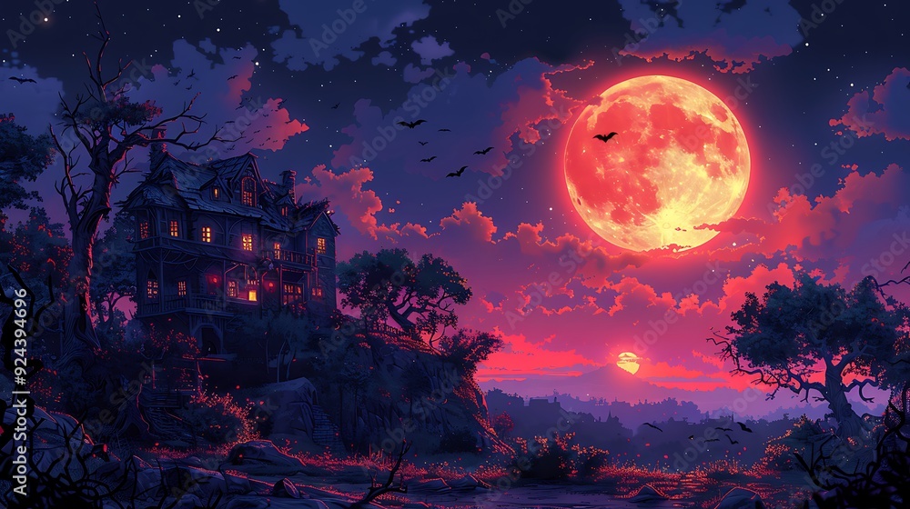A spooky, eerie mansion on a hill, with twisted trees, bats flying under a full moon, overgrown vines and broken windows, a ghostly and foreboding atmosphere, vibrant cartoon style, hd quality, A spooky, eerie mansion on a hill, with twisted trees, bats flying under a full moon, overgrown vines and broken windows, a ghostly and foreboding atmosphere, vibrant cartoon style, hd quality,