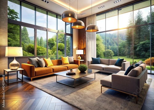 Contemporary living room with sleek lines, large windows, and vibrant furniture, illuminated by natural light and modern lamp fixtures, showcasing a minimalist elegance.