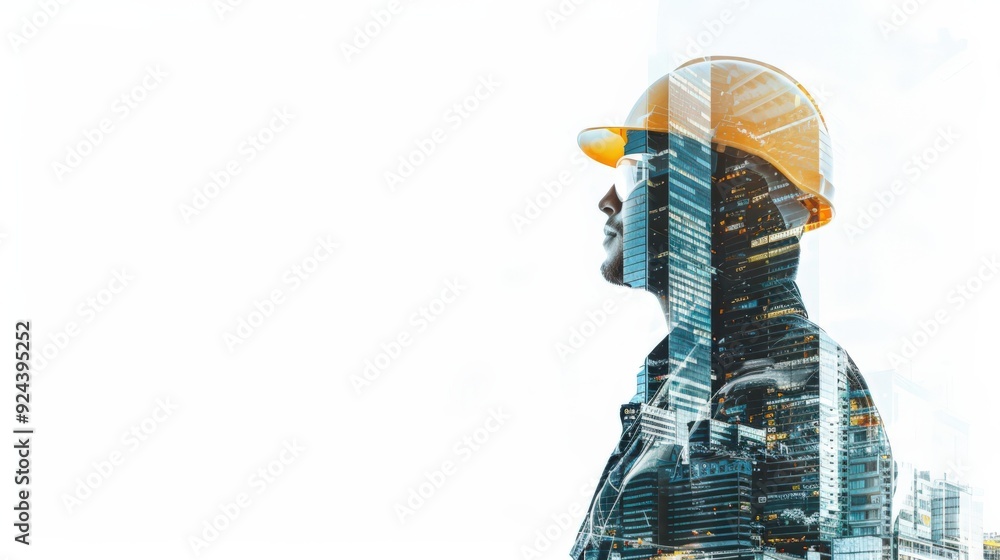 A man in a yellow hard hat stands in front of a city skyline A man in a yellow hard hat stands in front of a city skyline