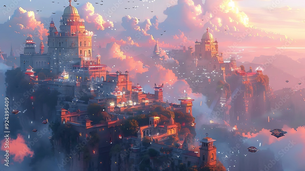 Obraz premium A vibrant fantasy city with tall towers, flying ships navigating between buildings, and a diverse population of humans and magical creatures, bustling streets and colorful architecture,