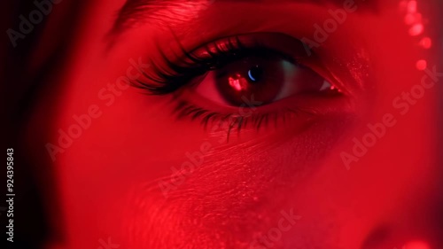 A woman's eye is shown in a red light. The eye is surrounded by a red glow, which creates a dramatic and intense atmosphere. The woman's eye is the focal point of the image