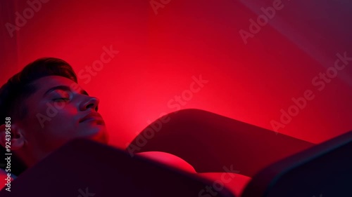 A woman is sleeping in a room with red walls. The room is dimly lit and the woman is laying on a bed