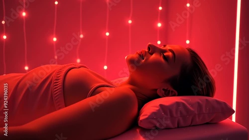 A woman is laying on a bed with a red background. The room is dimly lit and the woman is sleeping. The red background and the dim lighting create a cozy and intimate atmosphere