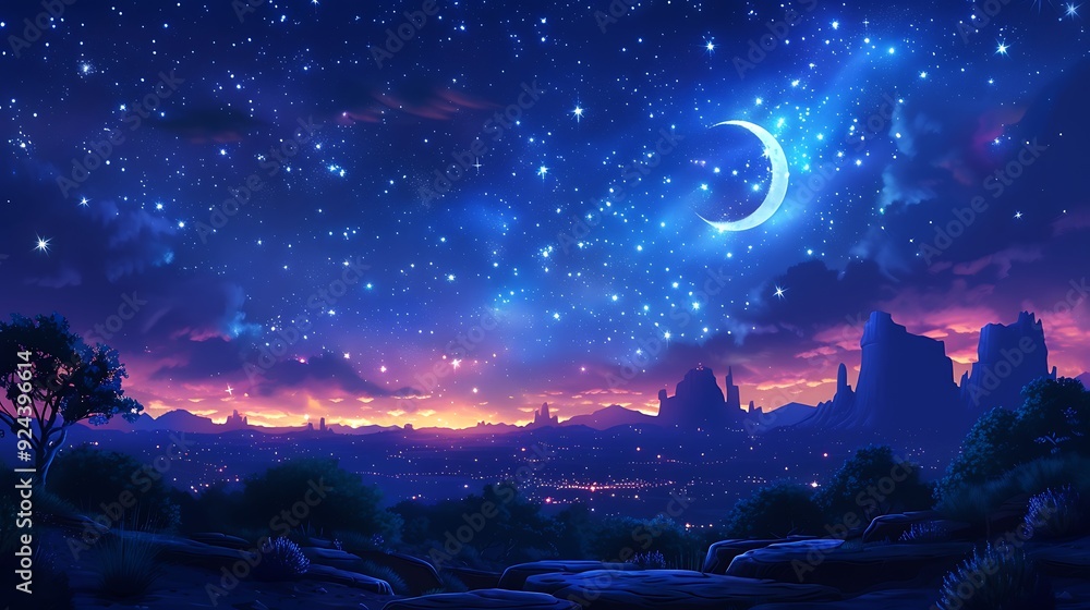 Fototapeta premium An enchanted night sky filled with twinkling stars, a crescent moon shining brightly, and dark mountains silhouetted against the horizon, with a serene and magical ambiance, whimsical cartoon style,