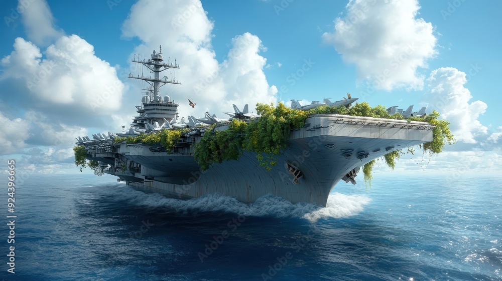 Aircraft carrier transformed into floating island with greenery and animals. Aircraft carrier transformed into floating island with greenery and animals.