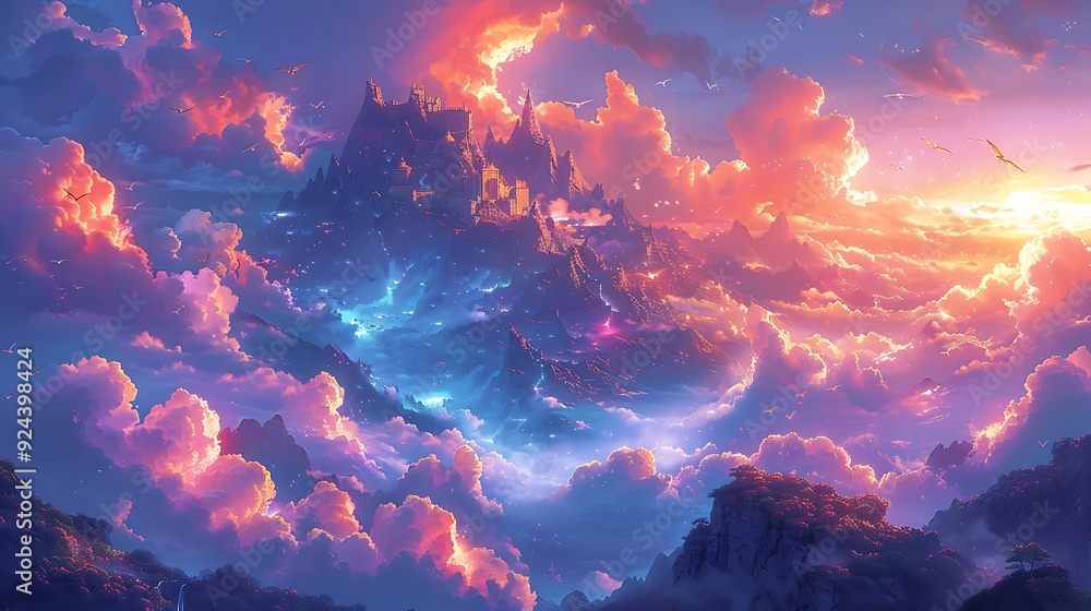 Enchanted mountain peak with a grand castle at the top, swirling clouds and dragons soaring around, vibrant and mystical scene, rich colors and playful elements, illustrated in vivid cartoon style, Enchanted mountain peak with a grand castle at the top, swirling clouds and dragons soaring around, vibrant and mystical scene, rich colors and playful elements, illustrated in vivid cartoon style,