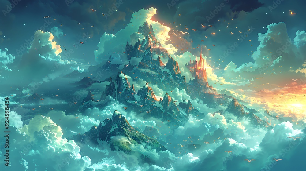 Enchanted mountain with a castle at the summit, dragons circling and clouds floating around, a whimsical and mystical atmosphere, vivid colors and rich details, cartoon illustration, hd quality, Enchanted mountain with a castle at the summit, dragons circling and clouds floating around, a whimsical and mystical atmosphere, vivid colors and rich details, cartoon illustration, hd quality,