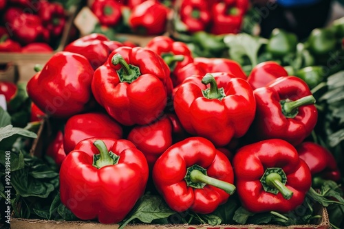 Heap Of Ripe Big Red Peppers At A Street Market. Peppers background with generative ai