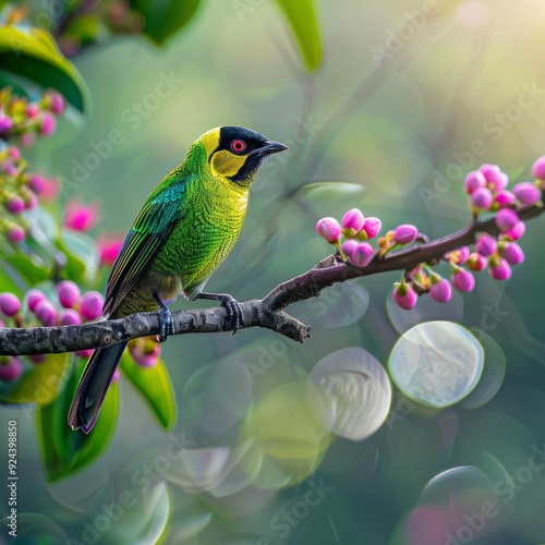 A beautiful and colorful bird Golden-fronted Leafbird (Chloropsis aurifrons) perched on a flowering tree in a green blurred forest background. Jayanti, Buxa, West photo