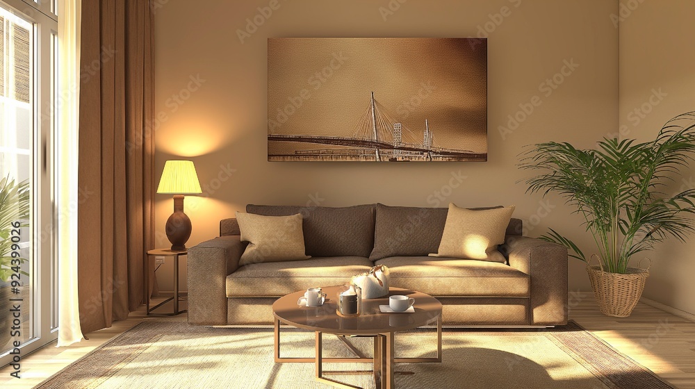 Interior of stylish living room with brown sofa and coffee table near beige wall Interior of stylish living room with brown sofa and coffee table near beige wall