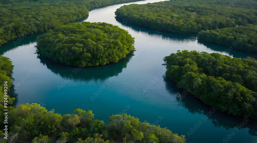 Aerial View of a Serpentine River Winding Through Lush Green Islands Aerial View of a Serpentine River Winding Through Lush Green Islands