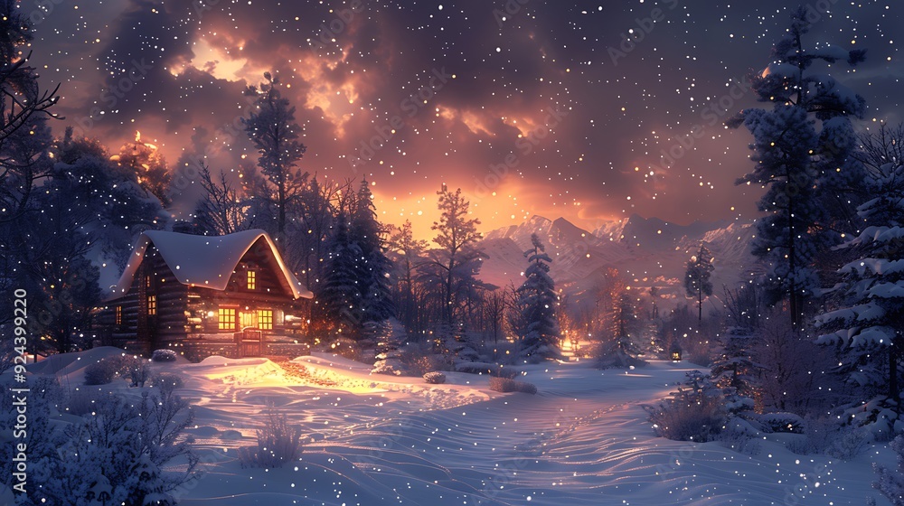 Enchanted winter wonderland with a cozy log cabin, snow-covered pine ...