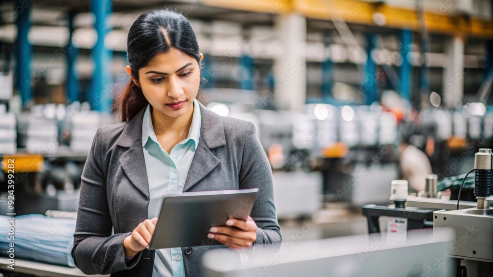 A portrait of an Indian female quality inspector carefully checking products for defects.
A portrait of an Indian female quality inspector carefully checking products for defects.