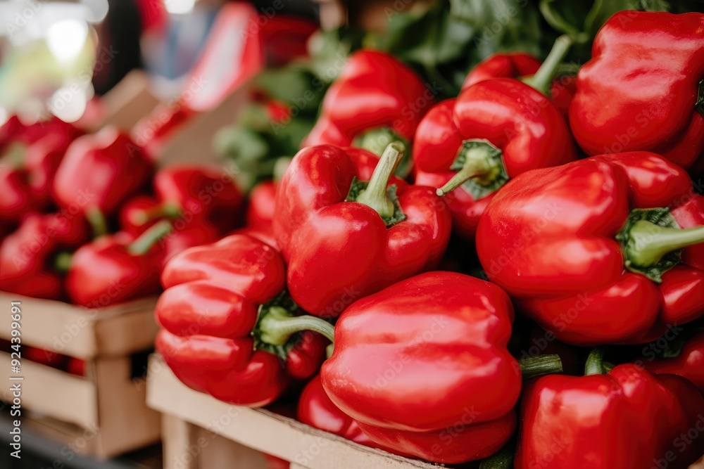 Heap Of Ripe Big Red Peppers At A Street Market. Peppers background with generative ai Heap Of Ripe Big Red Peppers At A Street Market. Peppers background with generative ai