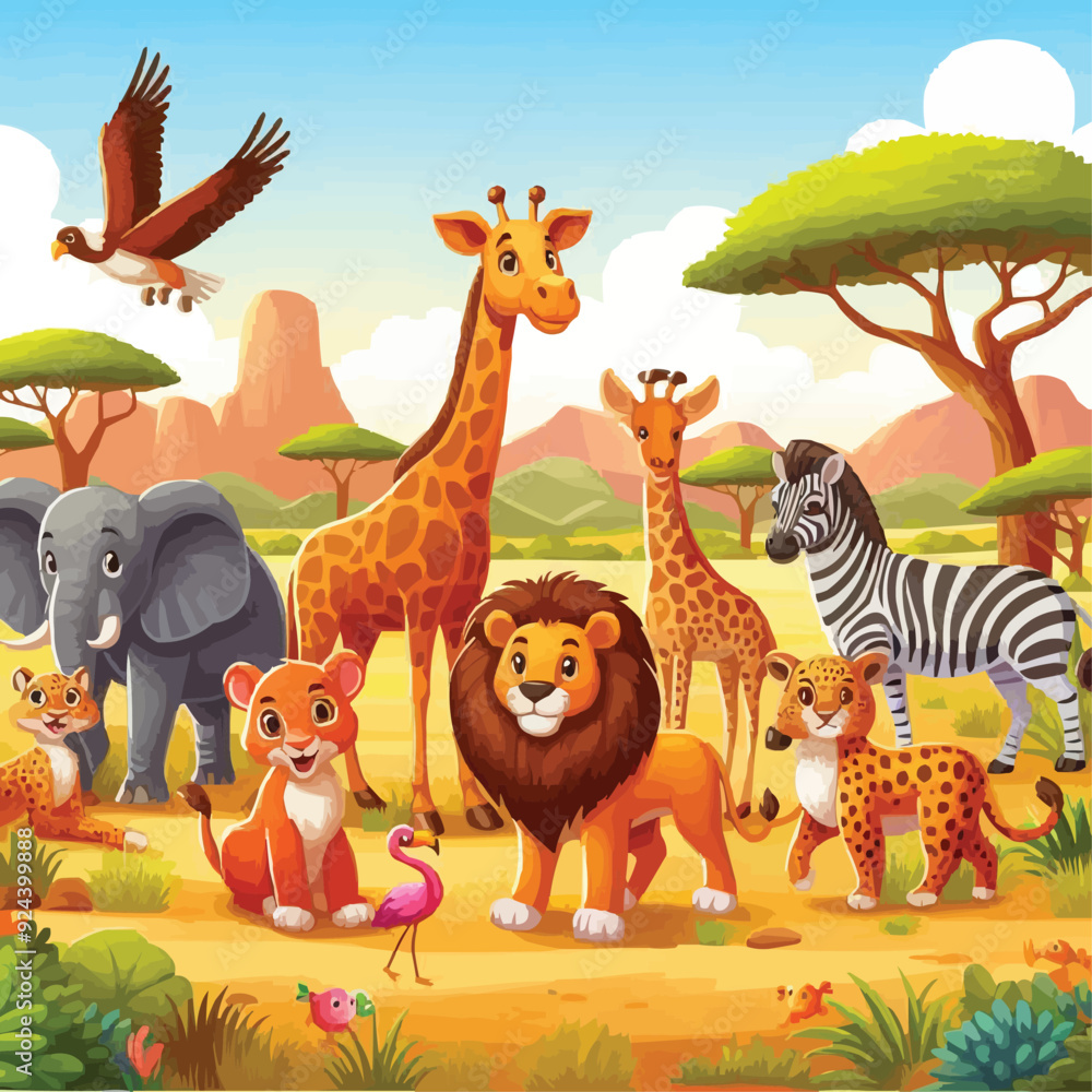 Naklejka premium Cartoon wild animals in savannah African safari wildlife. vector
