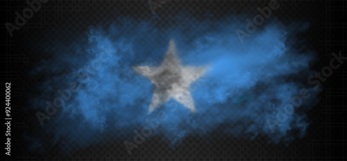 Smoke cloud in the colors of the Somali flag. Somalia country sky blue with white star realistic gradient colorful fog isolated on dark semi transparent background. Good quality vector illustration