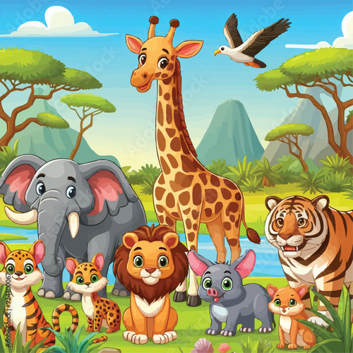 Cartoon wild animals in savannah African safari wildlife. vector