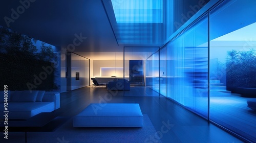 Modern Interior Design with Blue Lighting and Glass Walls