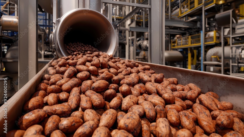 A section of the factory where cocoa beans are being roasted, with rich brown tones and detailed machinery, photo-realistic, the beginning of chocolate production A section of the factory where cocoa beans are being roasted, with rich brown tones and detailed machinery, photo-realistic, the beginning of chocolate production