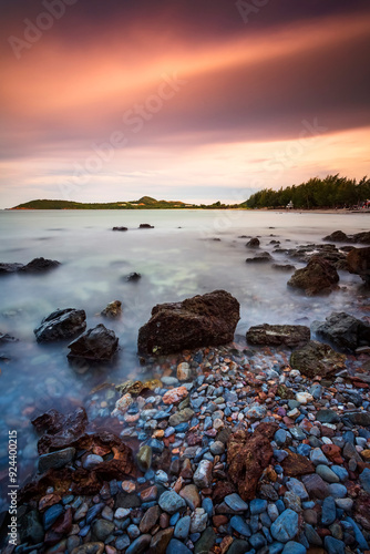 Beautiful seascape of Thailand during sunrise in Namsai Beach at at Sattahip, Chonburi Province photo