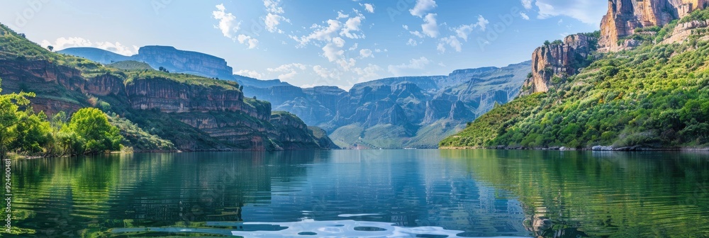 Naklejka premium Serene river scenery featuring impressive mountains viewed from a boat trip. The calm waters reflect lush greenery and steep cliffs, creating a peaceful and picturesque sight.