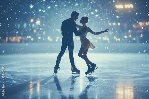 Elegant ice dancers performing gracefully under shimmering lights on a winter evening photo