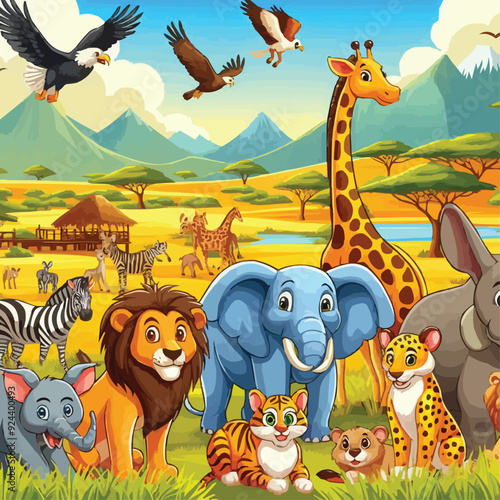 Cartoon wild animals in savannah African safari wildlife. vector