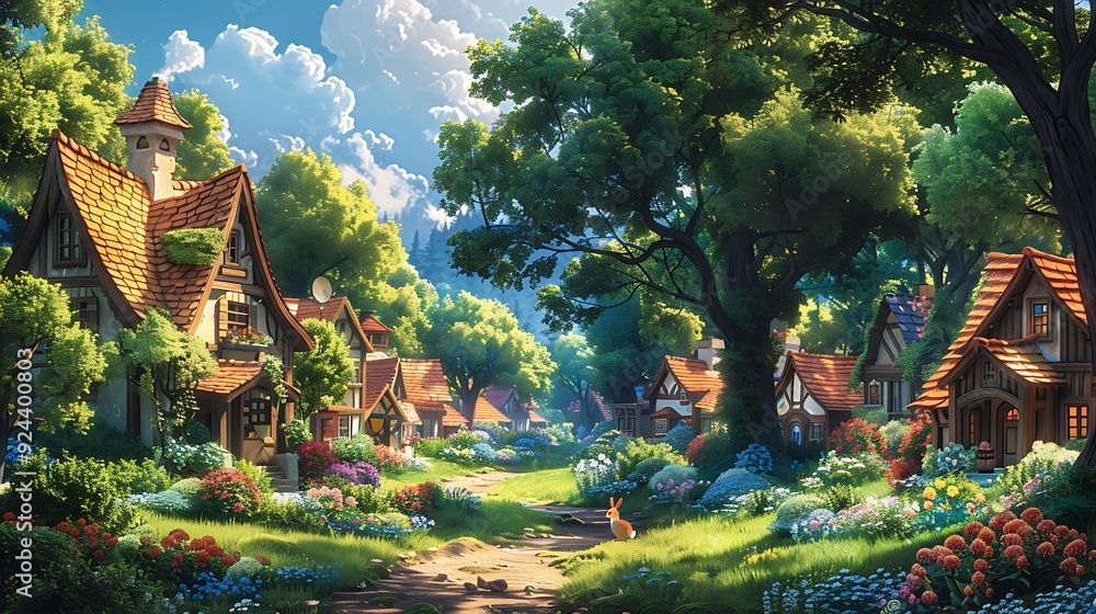 A charming village nestled in a dense forest, with quaint cottages, winding paths, and friendly woodland creatures like rabbits and deer, surrounded by tall trees and colorful flowers, A charming village nestled in a dense forest, with quaint cottages, winding paths, and friendly woodland creatures like rabbits and deer, surrounded by tall trees and colorful flowers,