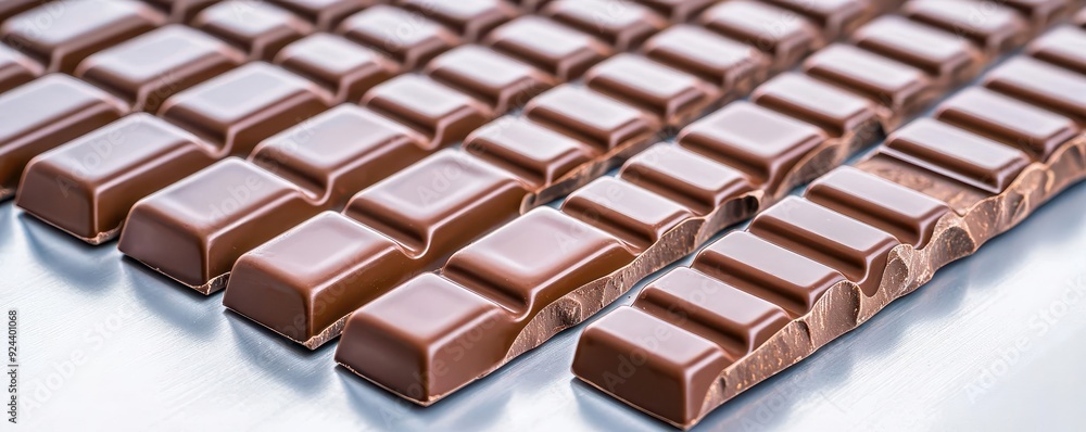 A chocolate bar cooling station, with rows of freshly poured bars slowly solidifying, ultra-detailed, crucial step in chocolate factory production A chocolate bar cooling station, with rows of freshly poured bars slowly solidifying, ultra-detailed, crucial step in chocolate factory production