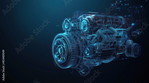 Fototapeta Naklejka Na Ścianę i Meble -  Wireframe Model of a Blue Engine with Gear