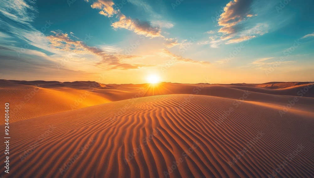 Golden Sand Dunes Ripple Under Sunset Sky, Tranquil Desert Landscape with Bright Sun in the Background Golden Sand Dunes Ripple Under Sunset Sky, Tranquil Desert Landscape with Bright Sun in the Background