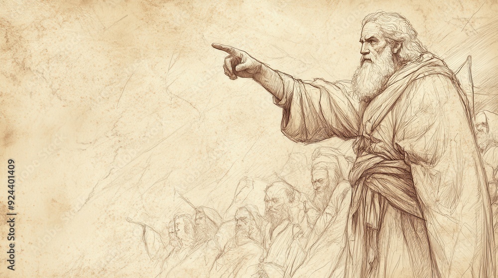 Naklejka premium Moses Recounting Victories to Next Generation, Inspiring Faith, Deuteronomy Biblical Illustration, Bible Wall Art, Beige Background