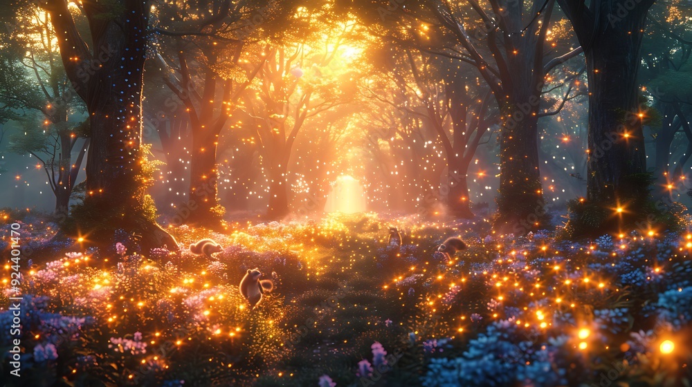A magical cartoon forest at night, illuminated by fireflies and glowing plants, with towering trees and a clear, star-filled sky. A magical cartoon forest at night, illuminated by fireflies and glowing plants, with towering trees and a clear, star-filled sky.