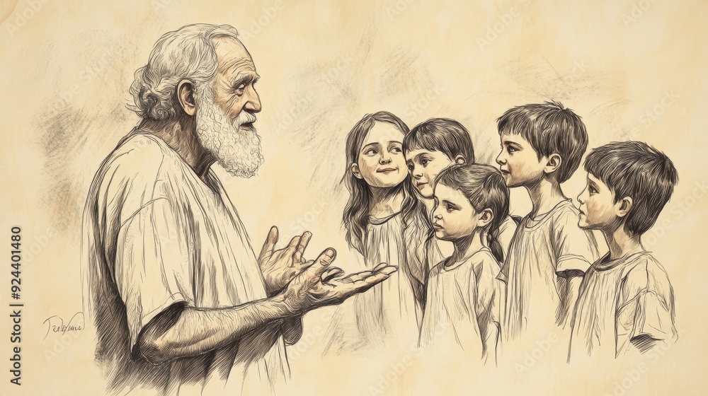 Fototapeta premium Deuteronomy's Faithfulness Stories: Elderly Israelite teaching children. Biblical illustration with beige background for Bible wall art.