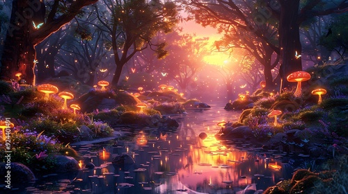 A magical cartoon forest with glowing mushrooms, magical birds, and enchanted trees, fairies dancing around, and a sunset glow. The background includes a crystal-clear pond, vivid colors,